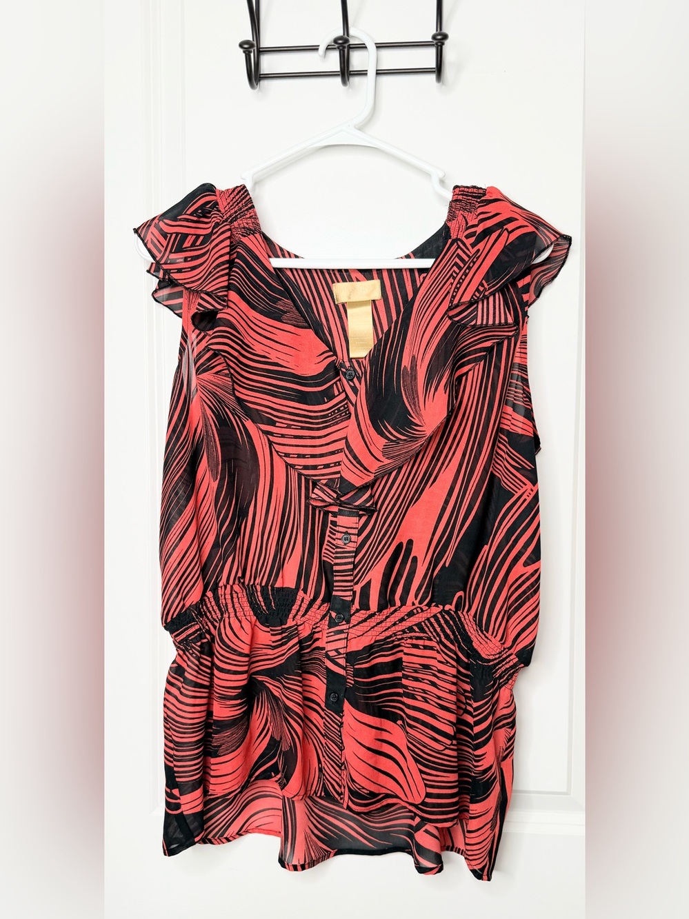 Miss Tina Tina Knowles Womens L 12-14 Ruffle Blouse Red Black Smocked Waist